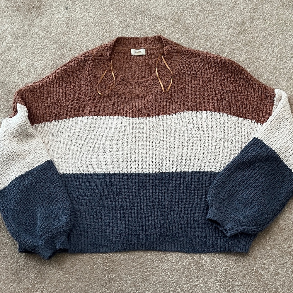 Oversized Cropped Colorblock (Brown, Cream & Navy) Crewneck Sweater